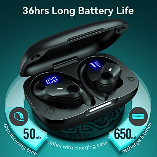 GOLREX Bluetooth Headphones Wireless Earbuds with Wireless Charging Case & Dual LED Battery Display 36Hrs Playback Over-Ear Waterproof Earphones with Earhooks Headset Built-in Mic for Sport Black