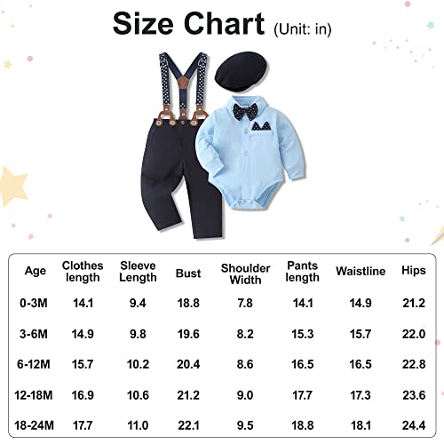 Baby Boy Clothes Set Infant Tuxedo Long Sleeve Gentleman Suit Outfits + Beret Hat + Suspender Pants + Bowtie 0-18M