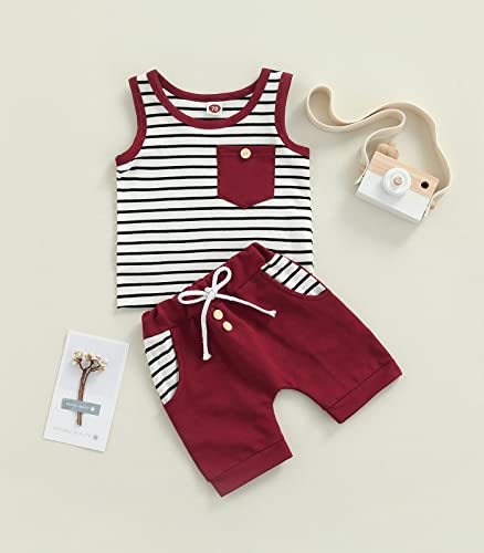 Toddler Baby Boys Clothes Summer Outfit Striped Print Sleeveless Vest Tops Drawstring Shorts Set (Brick Red , 3-6 Months )