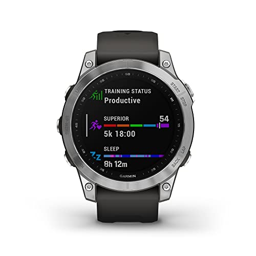 Garmin fenix 7, adventure smartwatch, rugged outdoor watch with GPS, touchscreen, health and wellness features, silver with graphite band