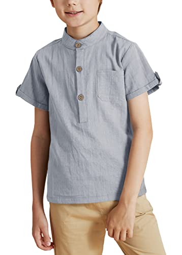 Malliosse Boys Short Sleeve Henley Shirt Button Up Linen Cotton Dress Shirts Tees Tops with One Pocket Grey