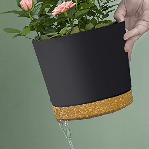 Zmtech Plant Pots, Set of 3 8'' Self Watering Plastic Planter with Drainage Hole and Saucer, Modern Decorative Flower Pot for Indoor Outdoor House Plants, Succulents, Flowers - Dark Gray