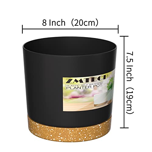 Zmtech Plant Pots, Set of 3 8'' Self Watering Plastic Planter with Drainage Hole and Saucer, Modern Decorative Flower Pot for Indoor Outdoor House Plants, Succulents, Flowers - Dark Gray