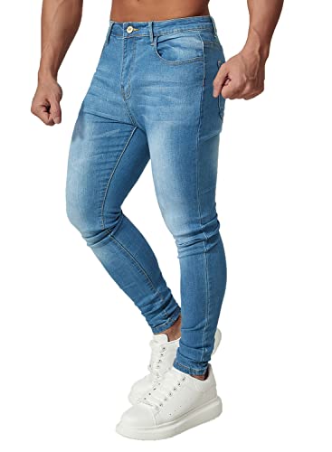 HUNGSON Skinny Jeans for Men Stretch Slim Fit Ripped Distressed Lightblue