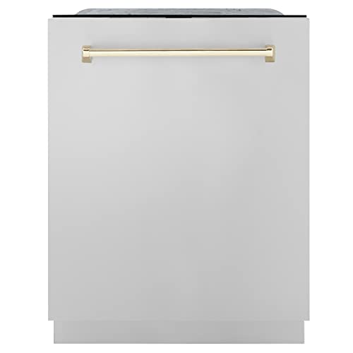ZLINE Autograph Edition 24" 3rd Rack Top Touch Control Tall Tub Dishwasher in Stainless Steel with Gold Handle, 51dBa (DWMTZ-304-24-G)