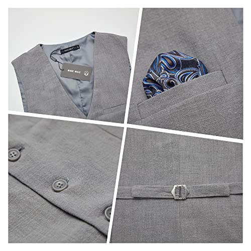 MAGE MALE Men's Linen 2 Piece Suit Slim Fit Wedding Groomsmen Summer Vest Pants Set with Pocket Square Grey