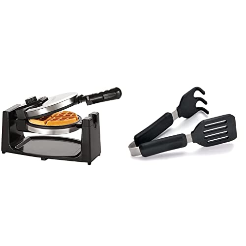 BELLA Classic Rotating Non-Stick Belgian Waffle Maker & Removeable Drip Tray for Easy Clean Up, Browning Control, Stainless Steel & Norpro Grip-EZ Grab and Lift Silicone Tongs, Set of 1, Black