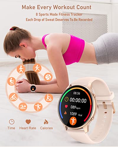 Round Smart Watches for Women, 2022 HD LCD Smartwatch iPhone/Samsung Compatible, 3ATM Waterproof Fitness Watch Monitor for Heart Rate, Blood Oxygen, Sleep, Activity Tracker with Steps, Calories