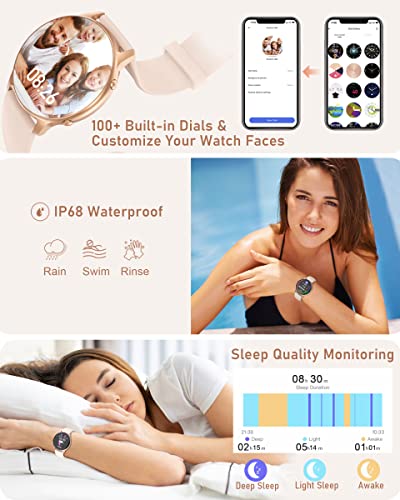 Round Smart Watches for Women, 2022 HD LCD Smartwatch iPhone/Samsung Compatible, 3ATM Waterproof Fitness Watch Monitor for Heart Rate, Blood Oxygen, Sleep, Activity Tracker with Steps, Calories