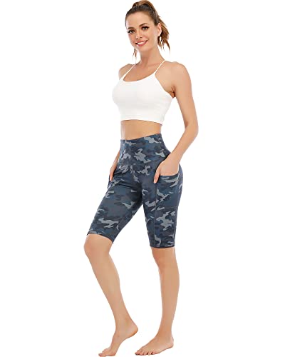 CHRLEISURE Biker Shorts with Pockets for Women High Waist, Tummy Control Workout Spandex Shorts (12“ BlueCamo, XL)