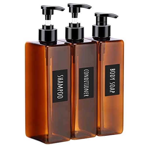 Segbeauty Refillable Shampoo and Conditioner Dispenser, 3pcs 16.9oz Shower Bottles Soap Dispenser with Labels, 500ml Empty Plastic Square Pump Bottle Dispenser Body Wash Containers for Bathroom Black