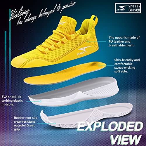 ASHION Mens Basketball Shoes Lightweight Breathable Sneakers Anti Slip Sports Shoes for Running Walking Yellow 7