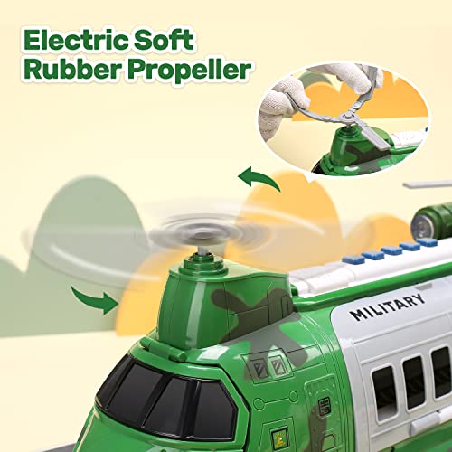 CUTE STONE 2-in-1 Amy Helicopter Toys, Boys Military Toy, Friction Powered Helicopter w/ Electric Rubber Propeller, Realistic Light & Music, Mini Vehicles, Traffic Road Signs, Vehicle Toy Set for Kids