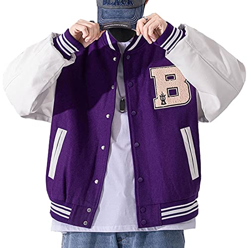Moshtashio Mens Varsity College Jacket Baseball Bomber Jacket Vintage Sweatshirt Casual Unisex Streetwear Coats with Patch (Purple, X-Small)