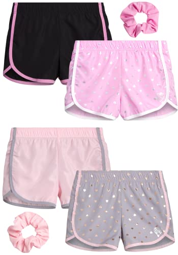 Body Glove Girls’ Shorts – 4 Pack Athletic Performance Dry Fit Dolphin Gym Shorts, Scrunchie (7-12)