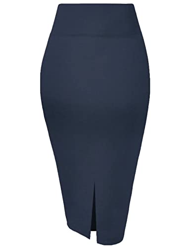 Womens Premium Nylon Ponte Stretch Office Pencil Skirt Made Below Knee KSK45002 1073T HEATHERNAV S