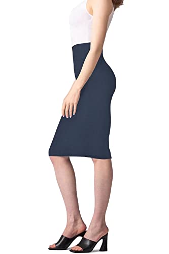 Womens Premium Nylon Ponte Stretch Office Pencil Skirt Made Below Knee KSK45002 1073T HEATHERNAV S