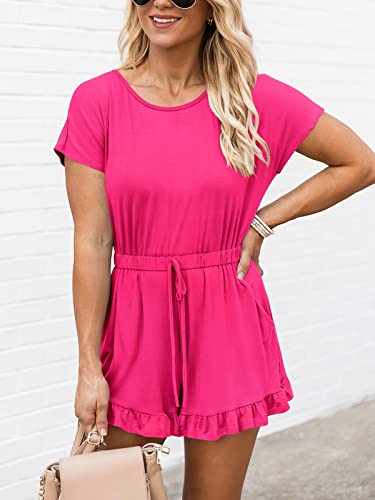 ANRABESS Women's Summer Short Sleeve Crewneck Rompers Casual One Piece Ruffle Hem Short Romper Jumpsuit with Pockets 541meihong-M