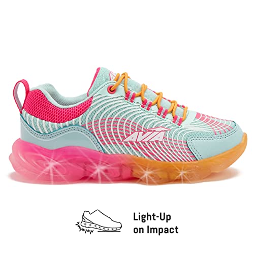 Avia Ignite Slip On LED Light Up Girls' Sneakers - Lightweight Tennis, Athletic, Running Shoes for Girls - Light Blue/Orange, 12 Little Kid
