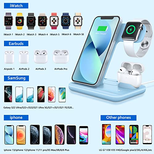 WAITIEE Wireless Charger 3 in 1, 15W Fast Charging Station for Apple iWatch 7/SE/6/5/4/3/2/1,AirPods Pro, Compatible with iPhone 13/12/12 Pro Max/11 Series/XS Max/XR/XS/X/8/8 Plus/Samsung Galaxy(Blue)