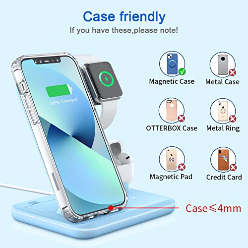 WAITIEE Wireless Charger 3 in 1, 15W Fast Charging Station for Apple iWatch 7/SE/6/5/4/3/2/1,AirPods Pro, Compatible with iPhone 13/12/12 Pro Max/11 Series/XS Max/XR/XS/X/8/8 Plus/Samsung Galaxy(Blue)
