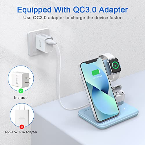 WAITIEE Wireless Charger 3 in 1, 15W Fast Charging Station for Apple iWatch 7/SE/6/5/4/3/2/1,AirPods Pro, Compatible with iPhone 13/12/12 Pro Max/11 Series/XS Max/XR/XS/X/8/8 Plus/Samsung Galaxy(Blue)