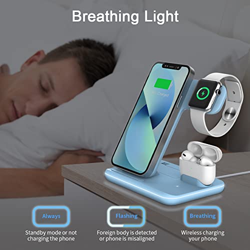 WAITIEE Wireless Charger 3 in 1, 15W Fast Charging Station for Apple iWatch 7/SE/6/5/4/3/2/1,AirPods Pro, Compatible with iPhone 13/12/12 Pro Max/11 Series/XS Max/XR/XS/X/8/8 Plus/Samsung Galaxy(Blue)