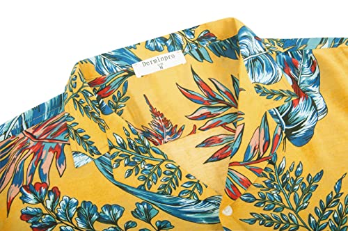 Derminpro Men's Summer Floral Hawaiian Shirts Short Sleeve Stretch Button Down Beach Shirt Leaf-Yellow Large