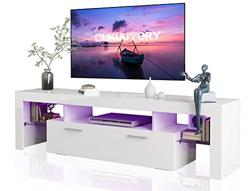 Clikuutory Modern LED TV Stand with Large Storage Drawer for 40 50 55 60 65 70 75 Inch TVs, White Wood TV Console with High Glossy Entertainment Center for Gaming, Living Room, Bedroom