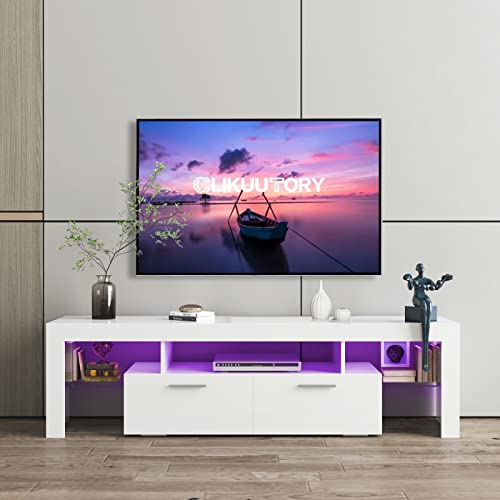 Clikuutory Modern LED TV Stand with Large Storage Drawer for 40 50 55 60 65 70 75 Inch TVs, White Wood TV Console with High Glossy Entertainment Center for Gaming, Living Room, Bedroom