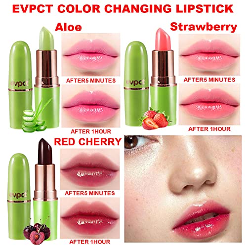 3Pcs Aloe Vera Strawberry Red Cherry Lip Color Changing Lipstick Lip Balm Set, Green Magic PH Lipstick Color Change Changing Crystal Flower Jelly Lipstick Tinted Lip Balm Gloss Makeup Set for Women 1