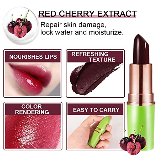 2Pcs Black Red Cherry Lip Color Changing Lipstick Lip Balm Stain Set, Green Magic PH Lipstick Color Change Changing Crystal Flower Jelly Lipstick Tinted Lip Balm Gloss Set for Women Girls Waterproof