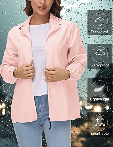 Packable Rain Jackets Raincoat Light Rain Jacket Summer Rain Coat Waterproof Windbreaker with Pocket Pink XXL