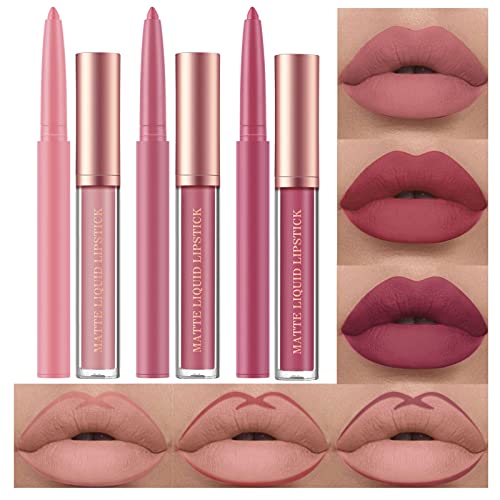 6Pcs Bestland Matte Liquid Lipstick and Lip Liner Set, Non-Stick Cup Not Fade Waterproof Nude lipstick Makeup Kits Velvety Nude Lipliner Lip Gloss Make Up Gift Set (Set A)