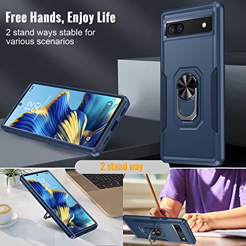 Google Pixel 6A 5G Case with Screen Protector, Military Grade Dual Layer Shockproof Heavy Duty Shockproof Full Body Protective Phone Cover, Built in Rotatable Magnetic Ring Holder for Pixel 6A (Black)