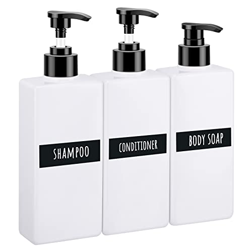Segbeauty Refillable Shampoo and Conditioner Dispenser, 3pcs 16.9oz Shower Bottles Soap Dispenser with Labels, 500ml Empty Plastic Square Pump Bottle Dispenser Body Wash Containers for Bathroom Black