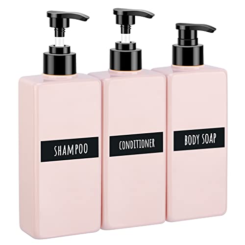 Segbeauty Refillable Shampoo and Conditioner Dispenser, 3pcs 16.9oz Shower Bottles Soap Dispenser with Labels, 500ml Empty Plastic Square Pump Bottle Dispenser Body Wash Containers for Bathroom Black