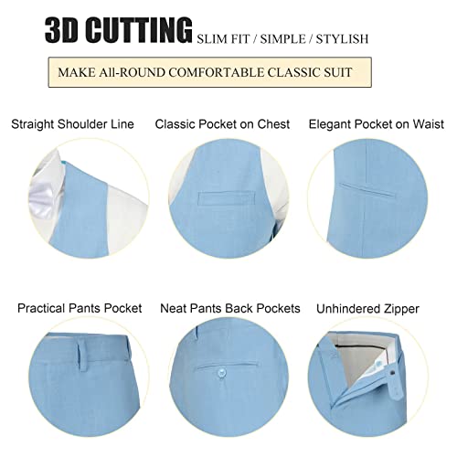 Men's Linen 2 Piece Suit Slim Fit Wedding Groomsmen Tuxedos Summer Beach Prom Blue Vest Pants Set 3XL