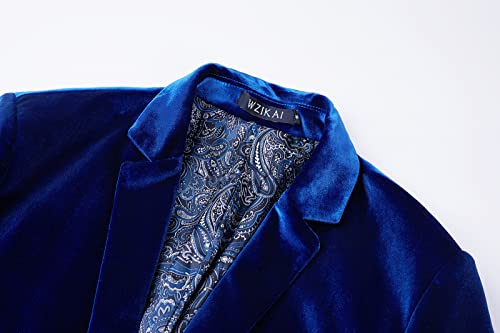 WZIKAI Mens Velvet Blazer One Button Slim Fit Solid Fashion Suit Jacket Sport Coat for Wedding Prom Dinner Party Blue XXXL