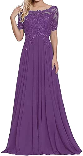Mother of The Bride Dress 1/2 Sleeves Lace Appliques Long Chiffon Prom Dresses for Women's Formal Wedding Party Growns Grape