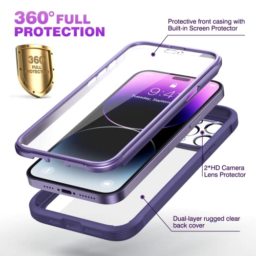 Diaclara Designed for iPhone 14 Pro Max Case 6.7’’, Full Body Rugged Case w/Built-in Touch Sensitive Anti-Scratch Screen Protector+2 Pack Camera Lens Protector, Bumper Case (Royal Purple)