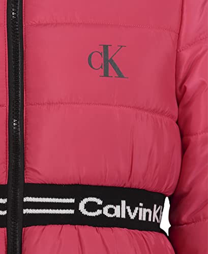 Calvin Klein Girls' Long Length Hooded Puffer Jacket With Fleece Lining, Rasberry Logo Waist, 4