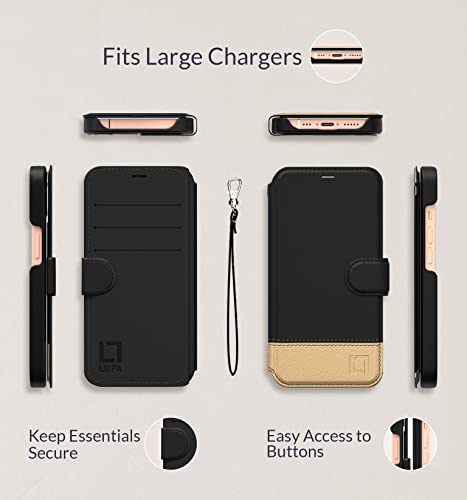 LUPA LEGACY iPhone 14 Pro Max Wallet Case for Women and Men, Case with Card Holder [Slim & Protective] for Apple 14 Pro Max (6.7”), Leather i-Phone Cover, Cute Phone Case, Black and Gold, Golden Dusk