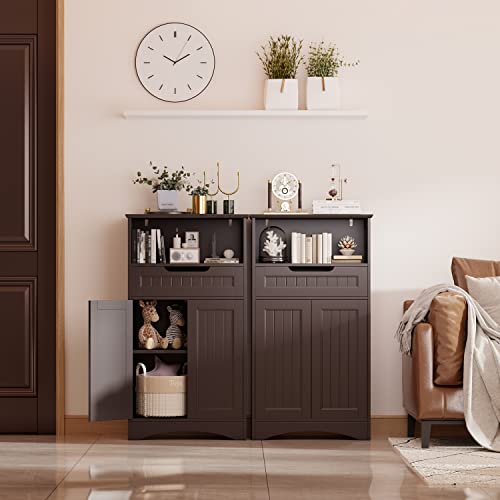 Gizoon Bathroom Storage Cabinet with Large Drawer & Door, Freestanding Floor Storage Cabinet Organizer for Bedroom, Living Room, Entryway, Office, Space Saving, Dark Brown