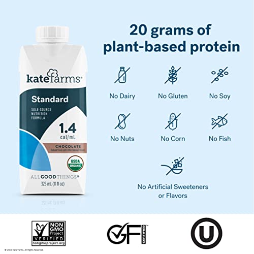 KATE FARMS Organic Vegan Plant Based 1.4 Sole-Source Nutrition Shake, Vanilla Flavor, 20g of protein, 28 Vitamins and Minerals, High Calorie Meal Replacement Drink, Protein Shake, Gluten Free and Non-GMO, 11 Fl oz (Pack of 12)