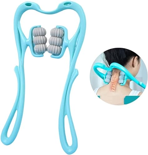 Woman using 6-ball neck massager for pain relief