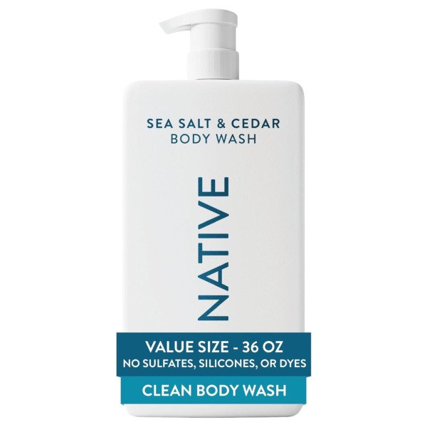 Native Clean Body Wash, Gentle & pH-balanced for Sensitive Skin, 24-Hr Freshness for Women & Men, Vegan & Cruelty-Free, Free of Sulfates, Parabens & Phthalates, Sea Salt & Cedar, 36 oz