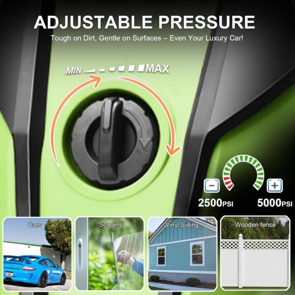 5000 PSI Adjustable Electric Pressure Washer, 2026 New Power Washer Pressure Adjustable (2500PSI-5000PSI) with 23ft Hose, 4 Nozzle and Detergent Tank for Cars, GFCI Protection, Upgraded Green