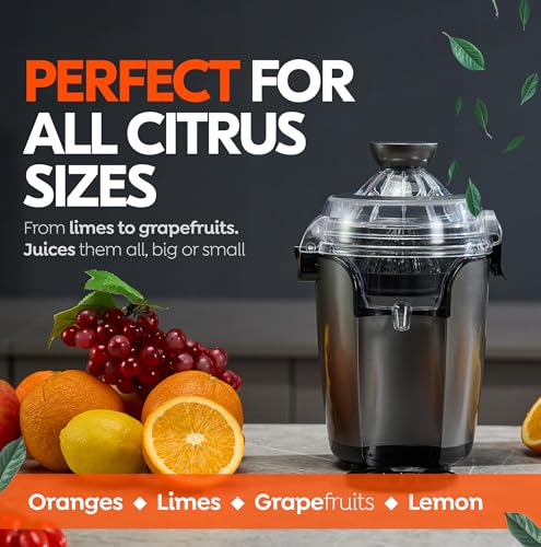 Eurolux Electric Citrus Juicer in gray, squeezing an orange half.