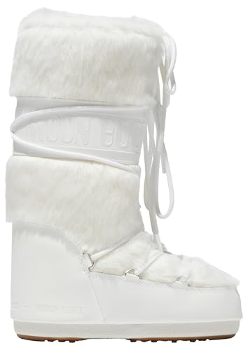 Moon Boot Icon Faux Fur Insulated Slip On Unisex Snow Boots, M9-10.5, W10-11.5, Optical White
